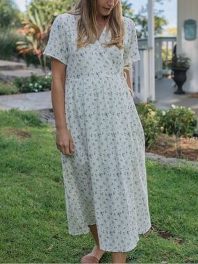 Neuflora Fall River Blue Floral Wrap Midi Dress Crinkle Cotton Boho Size Small